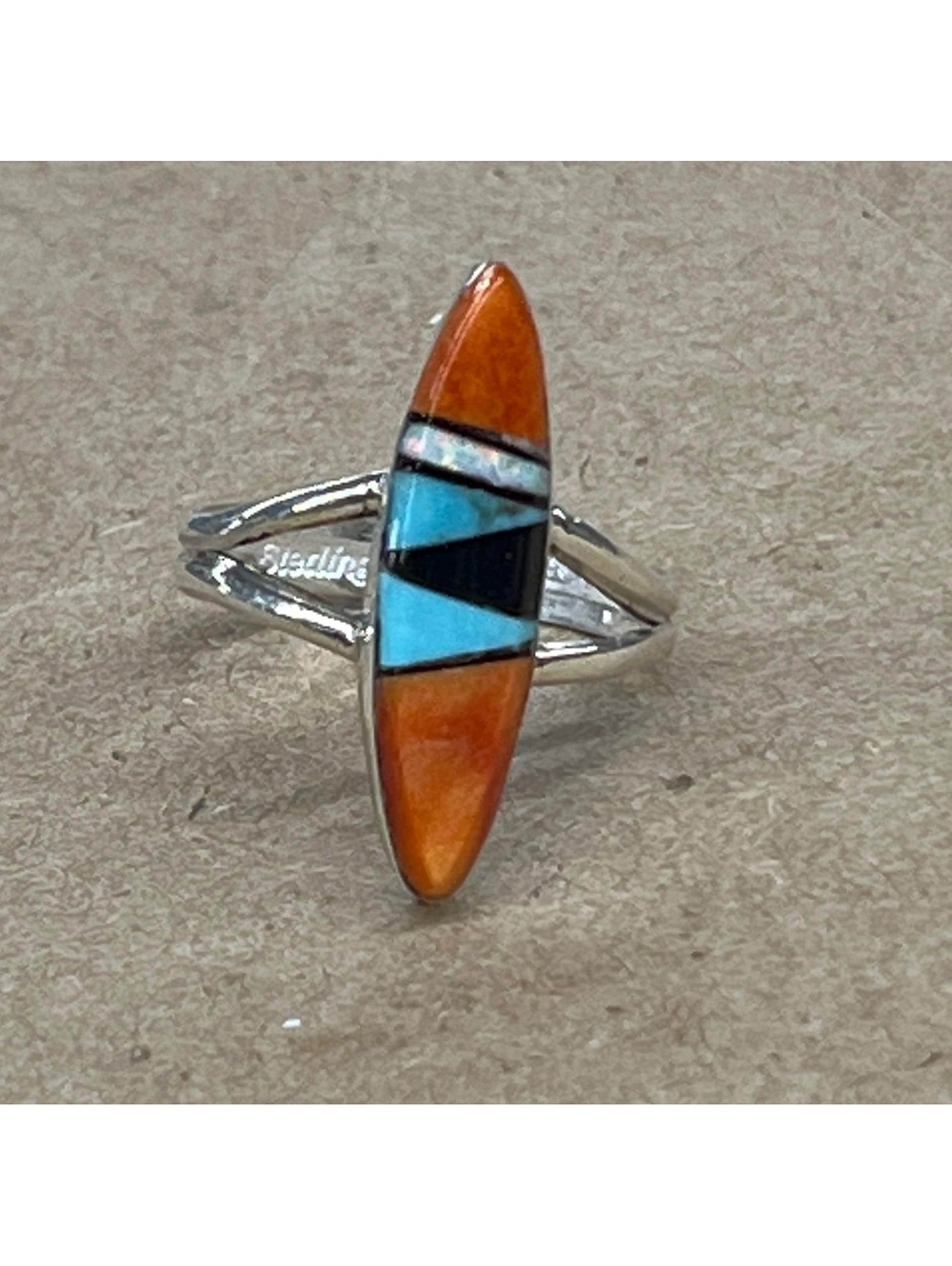 Navajo handmade spiny oyster turquoise sterling silver inlay ring size 7 natural